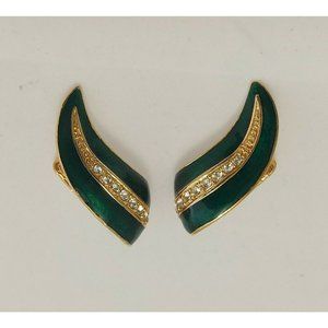 Vintage Leaf design green enamel gold tone clip earrings rhinestones 1.5"